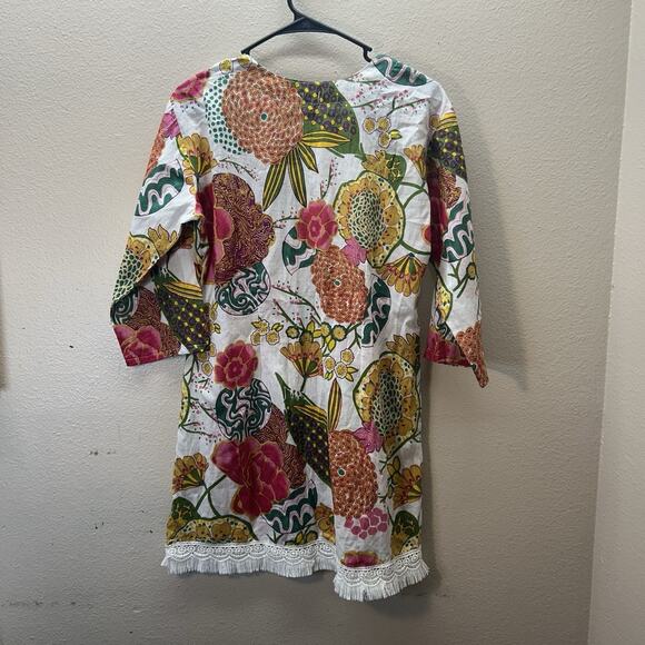 Dolma SZ M Mini Dress 3/4 Sleeve Floral Print Tunic Shift Peasant Cotton Boho - Picture 5 of 6